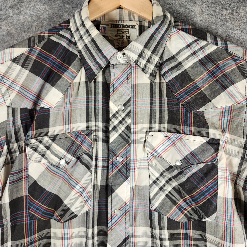 VTG Ruddock Mens Plaid Pearl Snap Western Shirt Black Gray Red Blue Large USA